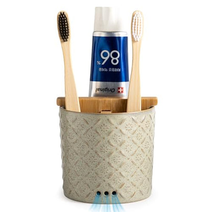 Zoeeker Toothbrush Holders for Bathroom with Drain Holes and Bamboo Divider | Ceramic Toothbrush and Toothpaste Holder, Detachable 3 Slots Electric Tooth Brush Cup Countertop Organizer for Family, Green - color: A-green