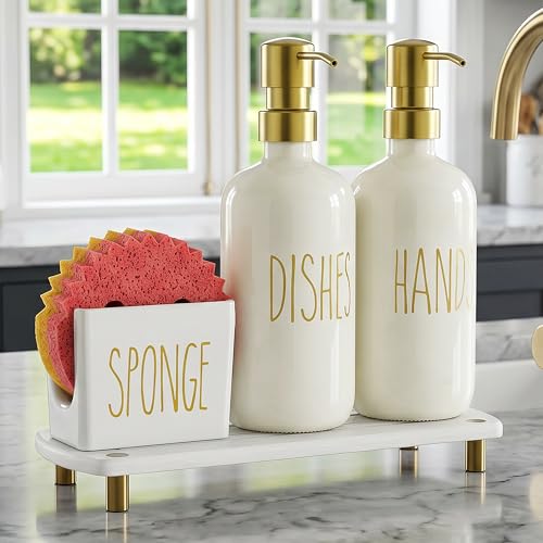Cisily Kitchen Soap Dispenser Set Comes with Ceramics Sponge Holder, Gold Pumps, and Instant Dry Tray, Hand and Dish Soap Dispenser Set (4, Gold + Off White + Sponge Holder) - color: Gold + Off White + Sponge Holder