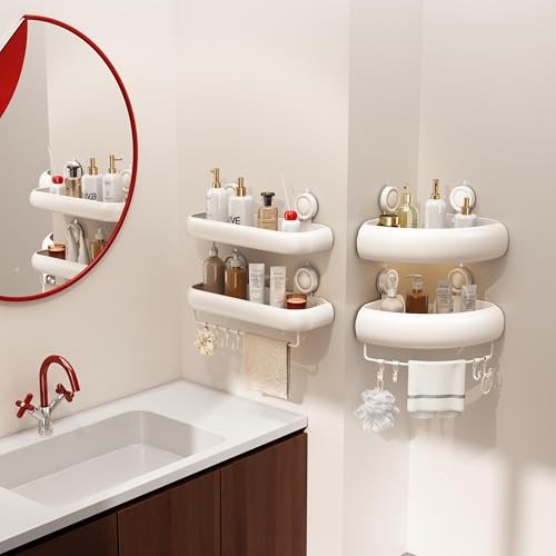CICUFY Shower Caddy Suction Cup, 2 Pack No Drilling Corner Shower Shelves, Rust Proof Bathroom Storage Organizer, Shower Corner Caddy with Removable Hooks and Towel Bar, Square, Cream - style: Square Cream (2 Pack )