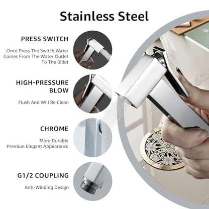 Handheld Bidet Sprayer for Toilet, Cloth Diaper Sprayer with Wall Mounts (ABS) and Hand Held Bidet Bathroom Hose (Stainless Steel), Jet Spray for Toilet, Muslim Shower, Easy to Install (Chrome) - color: Chrome
