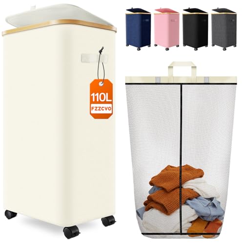Laundry Hamper with Wheels, 110L Large Clothes Hamper with Removable Inner Bag, Collapsible Dirty Clothes Basket for Dorm, Rolling Dirty Clothes Basket for, Bedroom, Bathroom, Laundry Room - color: Beige, size: 110L