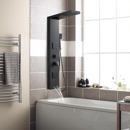 ROVOGO Shower Panel Tower System Matte Black, 4 Shower Modes, No Led Lights | High Pressure Shower Head, Body Jets, Handheld and Tub Spout, Shower Column Stainless Steel with Mixing Valve, 46.5"H x 7.8"W - style: Black- Without Led Lights