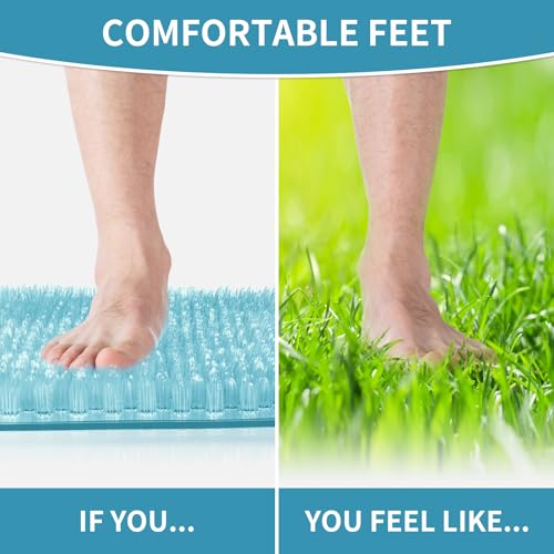 Yolife Shower Foot Scrubber Mat, Anti-Slip Bath Mat with Scrub Bristles, Soft Shower Foot Massager with Strong Suction Cups for Soothe Achy Feet, 25.6" x 13.4" - color: Light Blue, size: 25.6" x 13.4" (Rectangular)