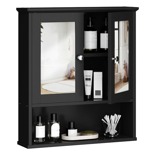 Shintenchi Bathroom Medicine Cabinet with Mirror, Wall Mounted, Black | Over The Toilet Cupboard, Adjustable Shelf, Open & Concealed Storage, 2 Magnet Doors, Space-Saving, Easy to Clean - color: Black