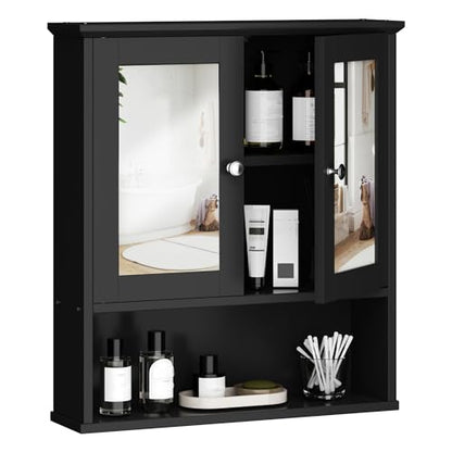 Shintenchi Bathroom Medicine Cabinet with Mirror, Wall Mounted, Black | Over The Toilet Cupboard, Adjustable Shelf, Open & Concealed Storage, 2 Magnet Doors, Space-Saving, Easy to Clean - color: Black