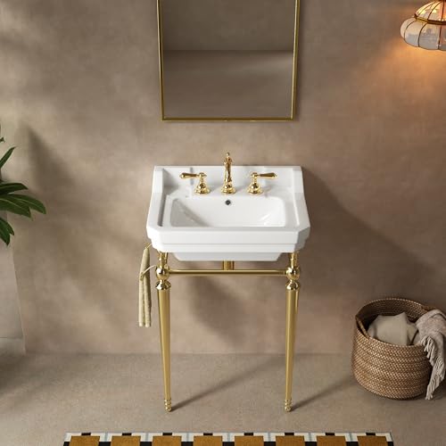 23" VICI Bathroom Console Sink, Wall-Mounted White Ceramic Vanity Basin with 3 Pre-Drilled Faucet Holes, Freestanding Gold Steel Support Legs with Towel Bar, No Faucet or Sink Cover Included - color: White,gold, size: 23"+ White Top+ Gold Leg