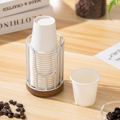 Bathroom Cup Dispenser with Acacia Wood Stand - Essential Bathroom Accessories for Toothbrush Holders & Mouthwash Cup Dispenser on Vanity Countertops Silvry - color: 1 Pack Silvery
