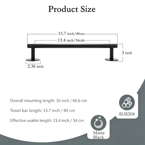 Self Adhesive Towel Bar,16" Matte Black No Drill Bathroom 304SS Towel Rack - color: Matte Black, size: 15.7 Inch