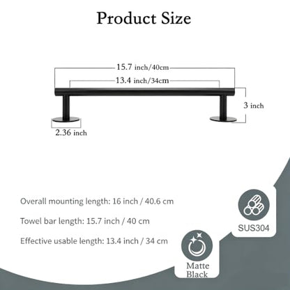 Self Adhesive Towel Bar,16" Matte Black No Drill Bathroom 304SS Towel Rack - color: Matte Black, size: 15.7 Inch