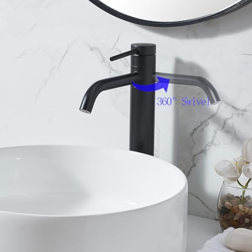 Hotis Vessel Sink Faucet Black, Tall Bathroom Faucet for Sink 1 Hole, 360 Swivel Body Single Handle Faucet for Bath Sink, Mixer Spout Stainless Steel Bathroom Faucets with Pop Up Drain - color: Black
