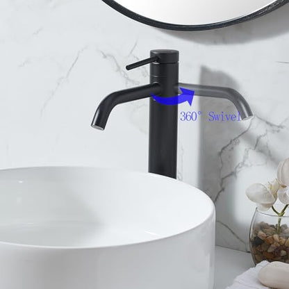 Hotis Vessel Sink Faucet Black, Tall Bathroom Faucet for Sink 1 Hole, 360 Swivel Body Single Handle Faucet for Bath Sink, Mixer Spout Stainless Steel Bathroom Faucets with Pop Up Drain - color: Black