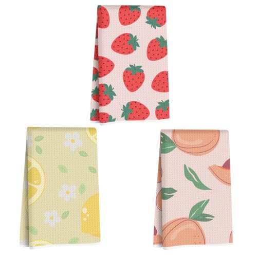 3Pcs Fruits Kitchen Towels Waffle Weave Microfiber Tea Cloth Hand Towel | Lemon Peach Dish Towels for Kitchen Home Farmhouse Decor, Strawberry Gifts for Women Mom Friend Grandma, 24x14 Inch - color: Multi 1358
