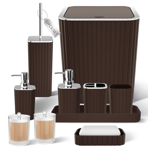 XLHOMO Bathroom Accessories Set - Gorgeous Bathroom Set, 10PC Brown Bathroom Accessories, Bathroom Accessory Set, Toilet Brush, Trash Can, Qtip Holder Dispenser & Soap Dispenser - size: Bath Set, style: Brown&Silver