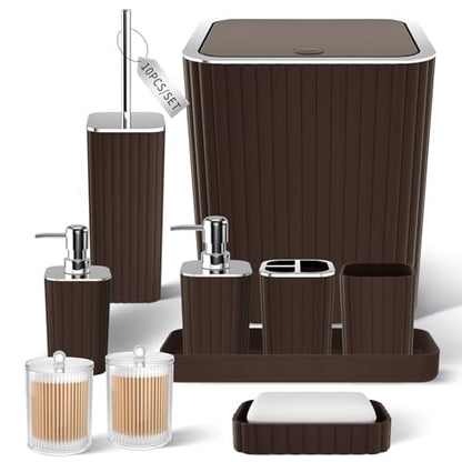 XLHOMO Bathroom Accessories Set - Gorgeous Bathroom Set, 10PC Brown Bathroom Accessories, Bathroom Accessory Set, Toilet Brush, Trash Can, Qtip Holder Dispenser & Soap Dispenser - size: Bath Set, style: Brown&Silver