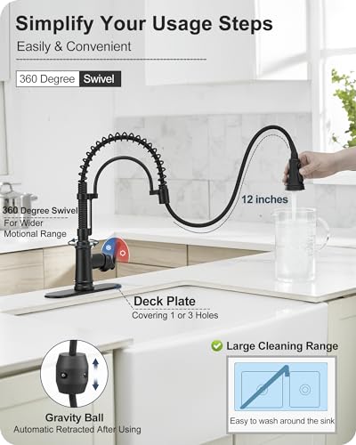 3-Function Kitchen Faucets with Pull Down Sprayer, 1 Hole or 3 Hole Kitchen Faucet Black, 1 Handle Kitchen Sink Faucets, 360 Degree Swivel Stainless Steel Faucet for Kitchen Sink with Deck Plate - color: Matte Black - Classic