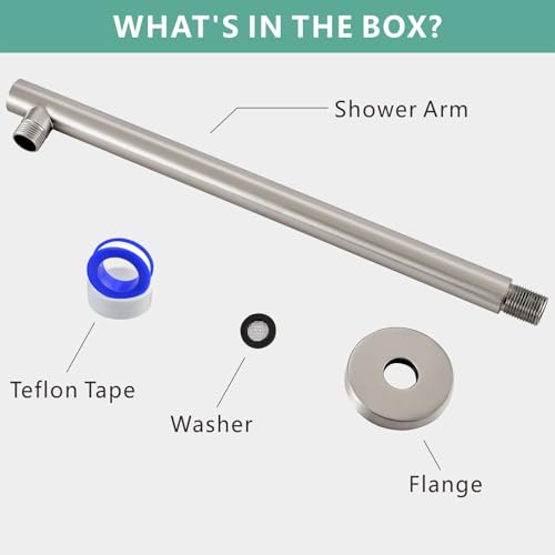 Voolan 15" Round Shower Arm with Flange and Teflon Tape, Extension Shower Head Arm for Bathroom Fixed Shower Head, Solid Stainless Steel, Wall Mounted (Brushed Nickel) - color: Brushed Nickel, style: 15 Inch