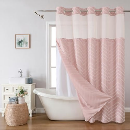 Blush Pink No Hook Shower Curtain with Snap-in Liner Set,Boho Modern Farmhouse White Tufted Chevron Striped Design,Woven Fabric Bathroom Curtain,71x74 - color: White Pink, size: 71"W x 74"L (Pack of 1)