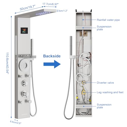 RUMOSE Brushed Nickel Shower Panel Tower System, 5-Mode Shower Faucet Set | LED Light Rainfall Shower Head Digital Display with Massage Jets Tub Spout Shower Shelves, Stainless Steel, Wall Mount - color: Brushed Nickel