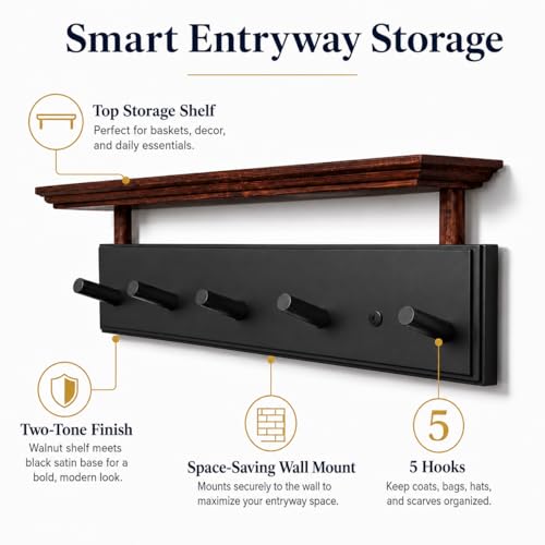 Matías Coat Rack Wall Mount with Shelf, 18 Inch Solid Wood Peg Rail, Wall Mounted Coat Rack with 5 Hooks, Wall Mount Shelf for Entryway, Bathroom or Bedroom (Black and Natural Wood) - color: black and natural wood