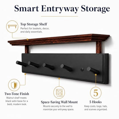 Matías Coat Rack Wall Mount with Shelf, 18 Inch Solid Wood Peg Rail, Wall Mounted Coat Rack with 5 Hooks, Wall Mount Shelf for Entryway, Bathroom or Bedroom (Black and Natural Wood) - color: black and natural wood