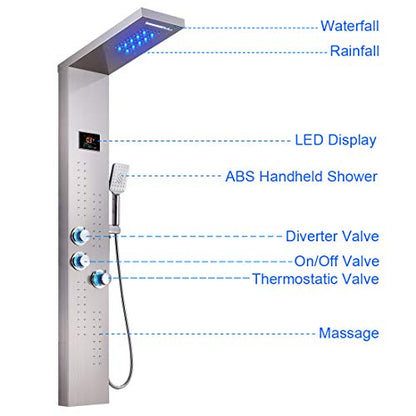 ELLO&ALLO LED Thermostatic Shower Panel Tower System, Rainfall Waterfall Shower Head Rain Massage System with Body Jets - color: Brushed Nickel