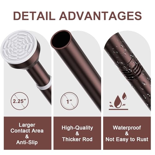 TEECK Shower Curtain Rod, 32-79 inch Adjustable Tension Spring, 1 Inch Shower Curtain Rod Tension, Anti-Slip, Rust-Proof, No Drilling, for Bathroom, Brown - color: Brown, size: 32-79 Inches