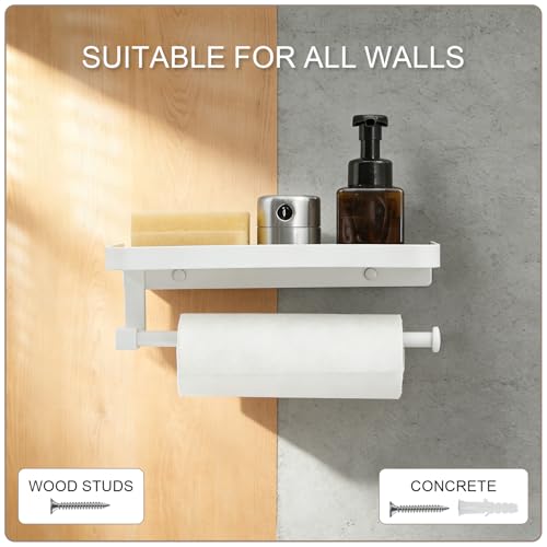 Paper Towel Holder Wall Mount with Shelf, Bathroom/Kitchen Paper Towel Holder, Effortless One-Handed Tear, Rust-Proof Metal for Bedroom - color: White