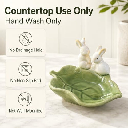Rabbit Ceramic Soap Dish, Green Bunny Countertop Tray | Glazed ceramic; for soap, sponge, jewelry, keys; countertop only, no drainage hole or non-slip pad.