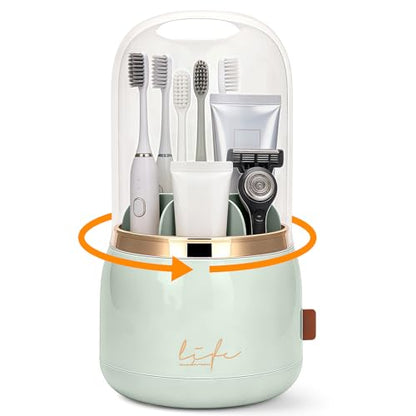 360º Rotating Toothbrush Holder with Cover, Dustproof Waterproof Cosmetic Organizer, 7-Slot Bathroom Countertop Organizer with Drainage for Makeup Brushes, Electric Toothbrushes, Toothpaste - color: Green