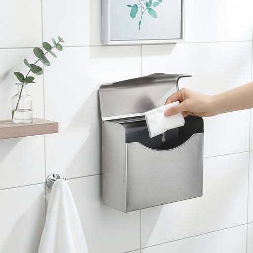 2 Pack Sanitary Napkin Disposal Receptacle, Wall Mounted Tampon Holder, Stainless Steel Flip Top Receptacle Bin Waste Trash Can for Public Restroom, Provides Clean & Odor-Free