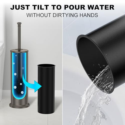 Pewter Toilet Brush and Holder，Extra Long Handled Toilet Brush for Bathroom，Stainless Steel Heavy Duty Toilet Bowl Brush,Removable Inner Bowl,Deep Cleaning Dense Bristles Cleaner Brush -Space Saving - color: Pewter