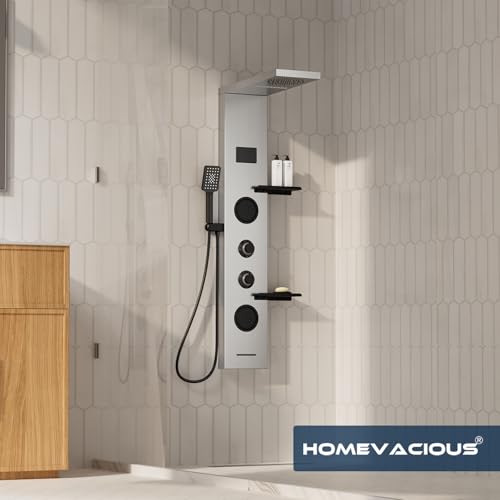 Homevacious 4 In 1 Shower Panel System with Shelf Brushed Nickel | LED Rain Shower Head Adjustable Massage Body Jets 3 Functions Handheld Head Tub Spout Stainless Steel - color: Brushed Nickel and Black, style: LED Shower Panel