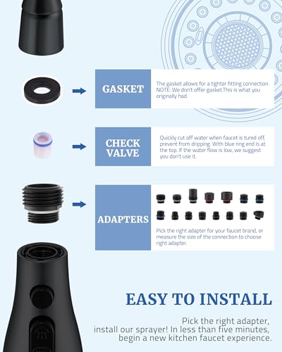 Kitchen Faucet Spray Head Replacement, Pull Down Sprayer with 15 Adapters | Pull Out Faucet Spray Nozzle, 3 Modes Stream/Spray/Strong Spray, DOE CEC Certified, Simple Installation, Matte Black - color: Matte Black