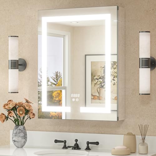TETOTE LED Lighted Medicine Cabinet Mirror for Bathroom 20 x 26 Tempered Glass Recessed or Wall Mounted Cabinet with Storage & Outlets & USB, 3-Color Dimming Led Lights, Defogger, Adjustable Shelve - size: 20x26