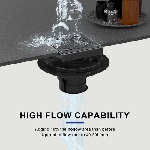 4 Inch Matte Black Square Shower Drain with Removable Grate | AISI 304 Stainless Steel Shower Drain, Floor Drain with Hair Catcher & ABS Flange, Fits Bathroom & Balcony etc - color: Matte Black, size: 4 in