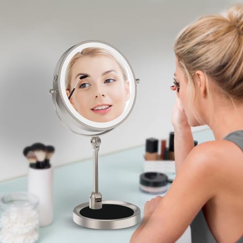 Tabletop Makeup Mirror with Built-in Vanity Tray, 9" Rechargeable 4000mAh Lighted Vanity Mirror 1X/10X Magnification, Height-Adjustable Arm, 3 Color Dimmable (9Inch Nickel) - color: 9inch Nickel