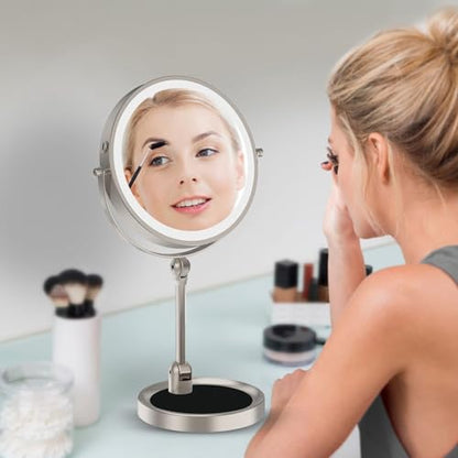 Tabletop Makeup Mirror with Built-in Vanity Tray, 9" Rechargeable 4000mAh Lighted Vanity Mirror 1X/10X Magnification, Height-Adjustable Arm, 3 Color Dimmable (9Inch Nickel) - color: 9inch Nickel