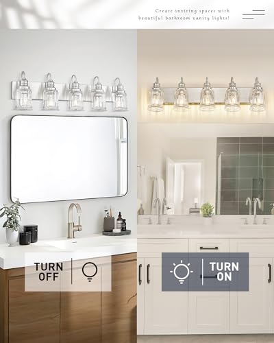 Bathroom Light Fixtures, HWH 5-Light Vanity Light, Modern Brushed Nickel Wall Lighting Over Mirror, Bell-Shaped Striped Glass, 5HZG106B-5W BN - color: Brushed Nickel, size: 5-Light