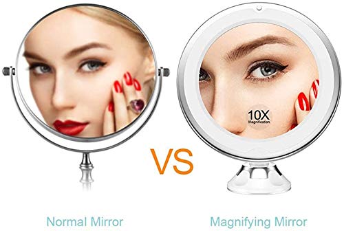 Flexible Gooseneck LED Lighted 10X Magnifying Makeup Mirror with Power Locking Suction Cup, Bright Diffused Light and 360 Degree Swivel, Portable Cordless Travel and Home Bathroom Vanity Mirror