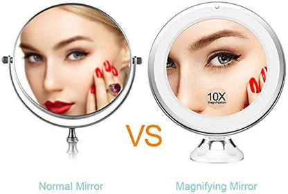 Flexible Gooseneck LED Lighted 10X Magnifying Makeup Mirror with Power Locking Suction Cup, Bright Diffused Light and 360 Degree Swivel, Portable Cordless Travel and Home Bathroom Vanity Mirror