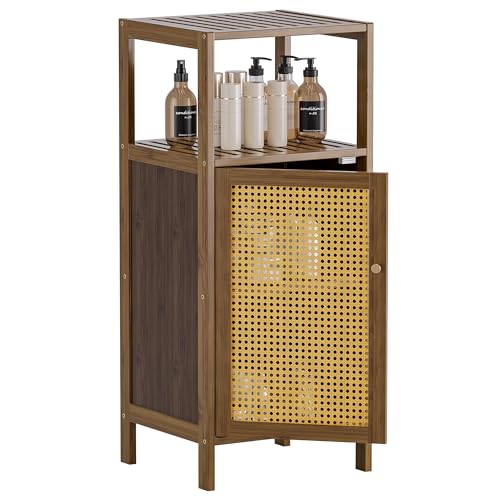HITNET Bathroom Storage Cabinet Rattan, Small Bamboo Floor Cabinet with Single Door and Open Shelf, Freestanding Narrow Cupboard for Living Room, Kitchen, Entryway, Walnut - color: Walnut