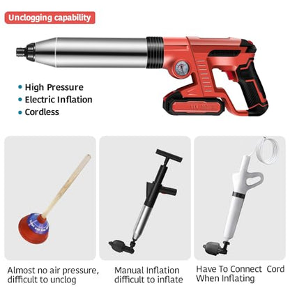 Electric Toilet Plunger with 2 batteries，Drain Clog Remover Tools,High Pressure Air Toilet Plungers Heavy Duty Plunger For Toilet,Bathroom,Floor Drain,Sewer,Pipe，RED - color: 2 Batteries RED