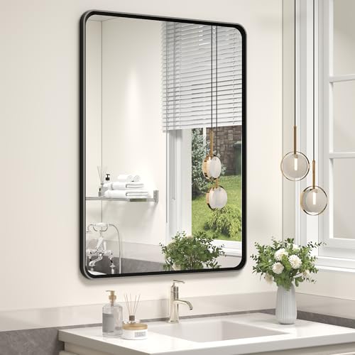 OKPAL 24X32 Inch Black Metal Framed Bathroom Mirror for Wall, Rounded Rectangle Matte Black Vanity Mirror for Bedroom with Beveled Border, Anti-Rust, Shatterproof (Horizontal/Vertical) - color: Matte Black, size: 32"L x 24"W