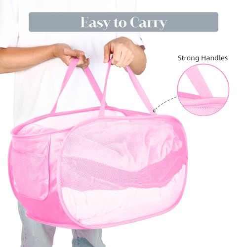 4 Pcs Durable Collapsible Laundry Baskets, Foldable Large Opening Pop Up Laundry Hamper with Pocket, Clothes Hamper with Handles for Laundry, Bathroom, Kids Room, Dorm or Travel Pink - color: 4 x Pink