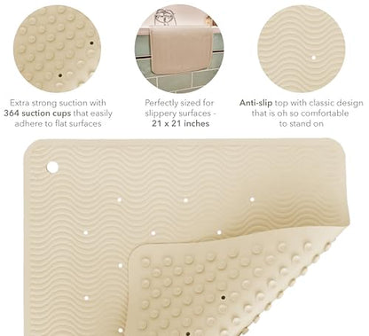 HEVEA Natural Rubber Wave Bath Mat – Square 21x21 in | Non-Slip Shower & Bathtub Mat with 364 Suction Cups, Plastic-Free & Biodegradable (Sand) - color: Sand, size: 20.7" x 20.7" (Square)
