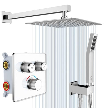 SR SUN RISE 100℉ Brushed Polished Chrome Shower System,10 Inch | Luxury Rainfall Shower Head,High-Pressure Handheld Shower,Soild Brass,Wall Mount,Valve and Trim Kit Included - color: Polished Chrome, style: 10"