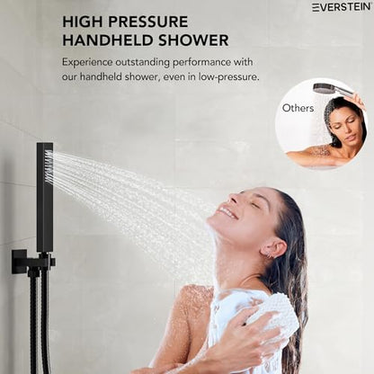 12" High-Pressure Rainfall Shower Faucet with Valve for Bathroom, Dual Rainfall Shower Head System with 6 Body Jets (Matte Black) | High-Pressure, Dual 12" Rainfall Shower Head System, 6 Body Jets, Rough in-Valve - color: Matte Black