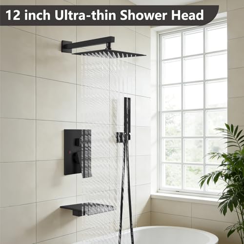 Midanya Shower System with Tub Spout,Bathtub Shower Faucet Set with Square Rainfall Head and Handheld Sprayer Wall Mount Tub Faucet Set with Valve and Trim Kit,12 Inch Matte Black - color: Matte Black, size: 12 Inch