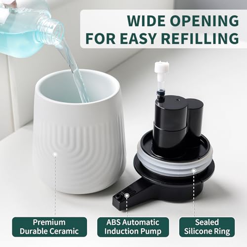 BosilunLife Ceramic Automatic Soap Dispenser with Extended Pump Nozzle, 3 Adjustable Levels, Touchless Foam Hand Wash Foaming Dispenser for Bathroom & Kitchen, Embossed Wave Design, White, 10oz - color: Embossed Wave-white