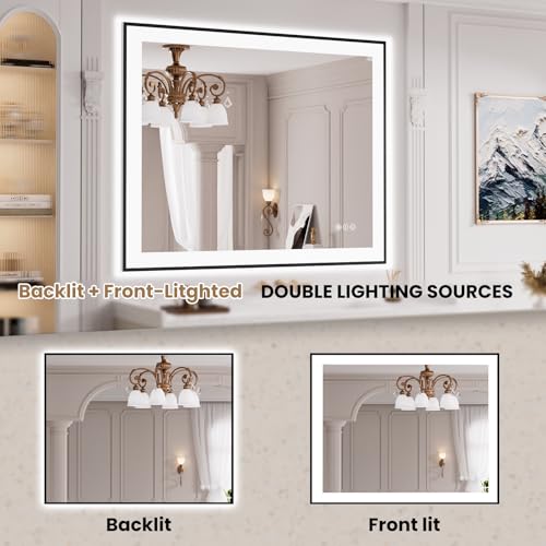 LOAAO 40"X32" LED Bathroom Mirror Black Framed | Anti-Fog, Dimmable, Memory Function, Tempered Glass, Lighted Vanity Mirror for Wall - size: 40"L x 32"W